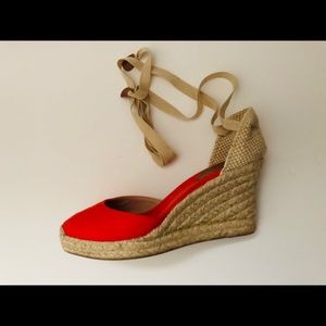 J Crew Sardinia Lace Up Espadrille Canvas Wedges